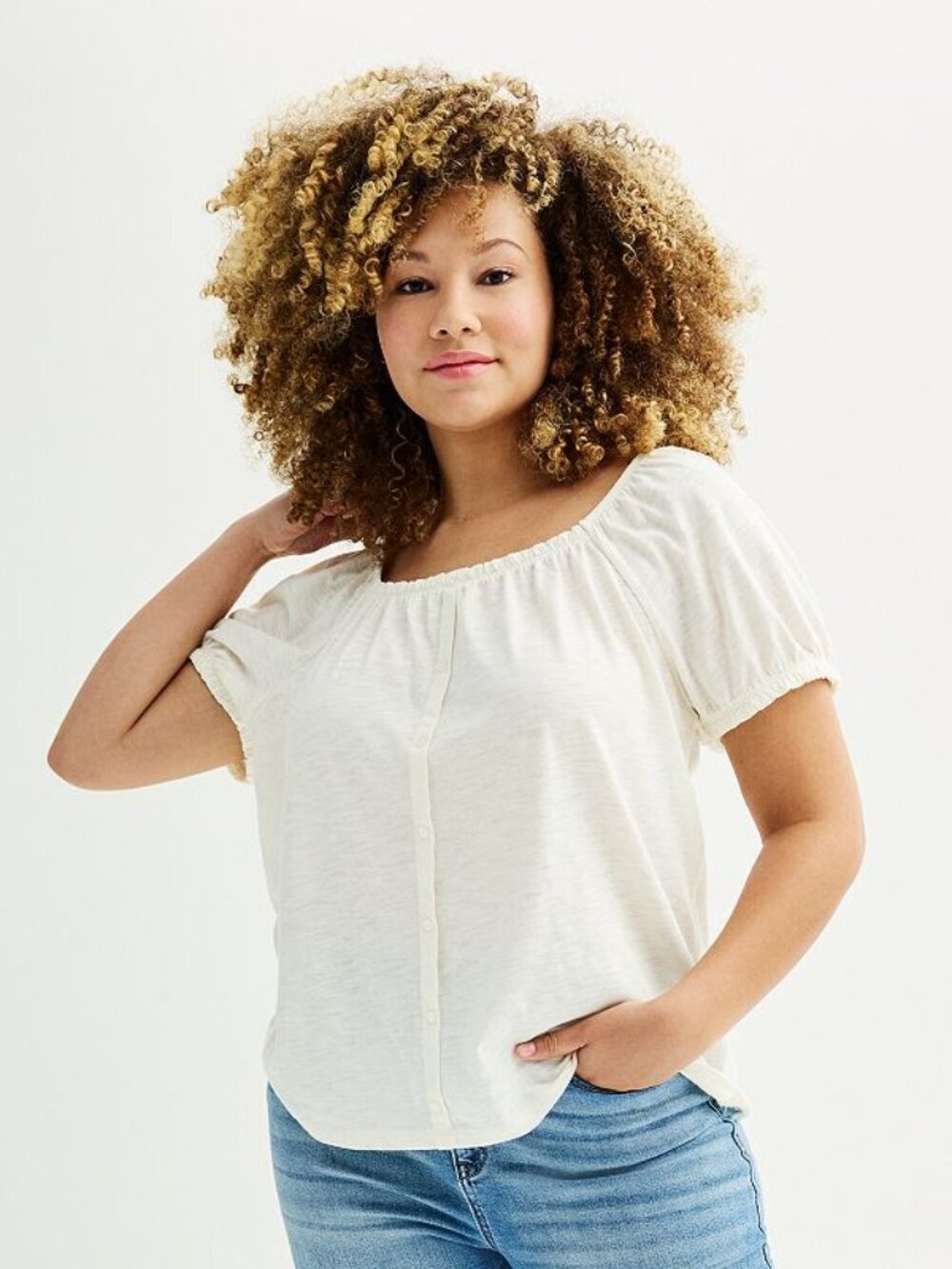 Junior's SO Plus Size Puff Sleeve Button Up Top - Egret - 3X - NWT